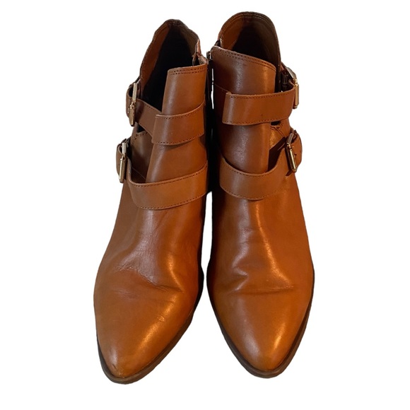 FRANCO SARTO CAMEL LEATHER ANKLE BOOTS WITH STRAPS WOMENS SIZE 10 STACKED HEEL - Picture 4 of 15